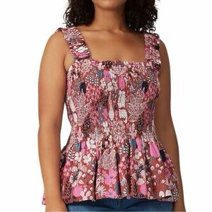 Kate Spade Garden Posy Floral Cat Print Smocked Peplum Tank XL